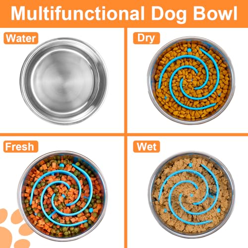 2-in-1 Metal Dog Bowl with Slow Feeder Insert, Stainless Steel Dog Bowls Food Grade 304, Water Food Bowl with Anti-Slip Silicone Base for Small, Medium, Large Dogs - color: Light blue, size: 5 Cups