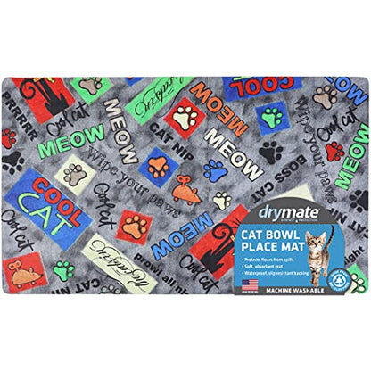 Drymate Cat Bowl Placemat, Pet Food Feeding Mat - Absorbent Fabric, Waterproof Backing, Slip-Resistant - Machine Washable/Durable (USA Made) (12” x 20”) (Cool Cat Grey) - color: Cool Cat Grey, size: Small (12" x 20")