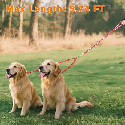 Dual Dog Leash,Double Dog 360 Swivel No Tangle Walking Leash,Comfortable Shock Absorbing Reflective Bungee for Two Dogs（Red） - color: Bright Red