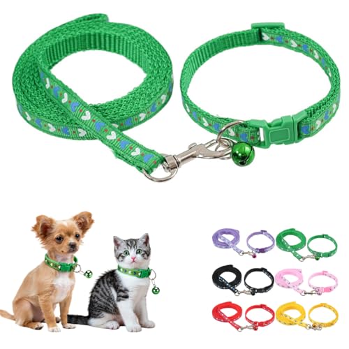Green Puppy Collar with Bell Leash Set,Adjustable Buckle Heart Print Nylon Dog Collars for Xs XSmall Small Puppy Dogs Cat Kitten X-Small,Neck 7.5-12.5 Inch - color: Green2