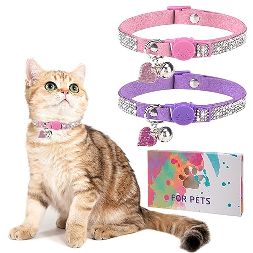Rhinestone Cat Collar Breakaway with Bell, Diamond Cat Collar with Safety Buckle Quick Release for Girl Boy Small Kitten Pets Puppy,Cute Soft Female Male Cat Collars,Color Pink & Purple 8-12" - color: Pink + Purple(2 Pack), size: 8"-12" Cats / Mini Dogs