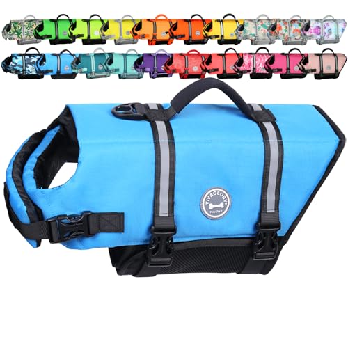 VIVAGLORY Rip Stop Dog Life Vest, Swimming Vest with Handle, Buoyancy for Doggy Puppy, Dog Life Jacket for Swimming & Boating, M, Blue - color: Blue, size: M: 21-25 inch (Ribcage Girth)