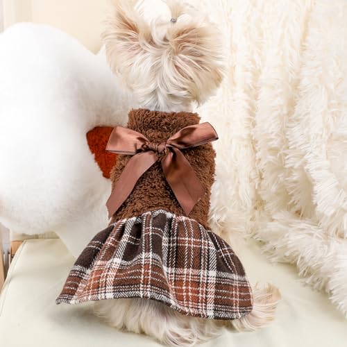 Dog Sweater Dress,Winter Dog Dress Dresses for Small Dogs Girl Flannel Warm Pet Puppy Cat Princess Plaid Sweater Fall Female Clothes (X-Small, Brown) - color: #1 Brown, size: X-Small (Chest 14.2 in)
