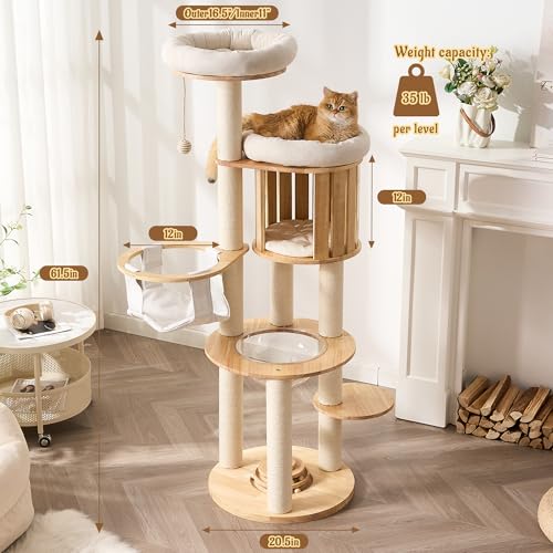 Modern Cat Tree Tower with Scratching Post, 61.5in Tall Cat Tree for Indoor Cats, Multi-Level Solid Wood Cat Furniture with Cozy Cat Beds, Condo, Hammock, Capsule Nest, Turntable Toy, Natural - color: 61.5"-V-Natural