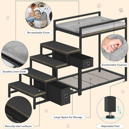 Saudism Pet Bunk Bed with Removable Stairs and 2 Drawers, Dogs/Cats Window Perch, Dog Window Seat with Soft Cushion, Ultra-Shallow Steps, Sturdy Metal Frame, Non-Slip, Load Capacity 60 LBS - color: Grey