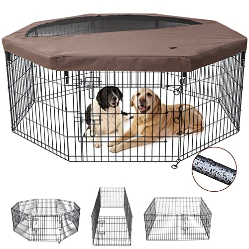 NEZUC Foldable Metal Dog Exercise Playpen Gate Fence Dog Crate 8 Panels 24 Inch Height Puppy Kennels with Top Cover/Bottom Pad for Animals Outdoor Indoor (Playpen+Top Cover, Brown, 24" H) - size: 24"H, style: Playpen+Top Cover