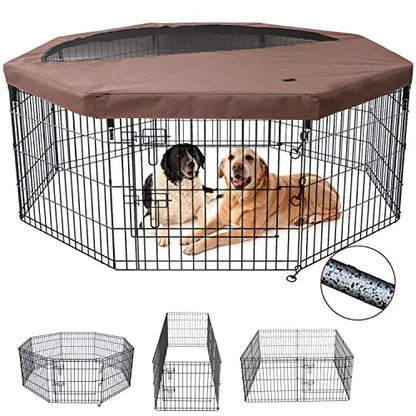 NEZUC Foldable Silver Metal Dog Exercise Playpen Gate Fence Dog Crate 8 Panels 30 Inch Height Puppy Kennels with Top Cover for Animals Outdoor Indoor (with top Cover, 8 Panels 30" H) - size: 30"H, style: Playpen+Top Cover
