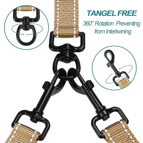 Double Dog Leash, No Tangle Dual Leash, Reflective Walking Training Lead, 4 Comfortable Padded Handles for 2 Dogs with Collapsible Bowl and Waste Bags (Light Khaki, Large) - color: Light Khaki
