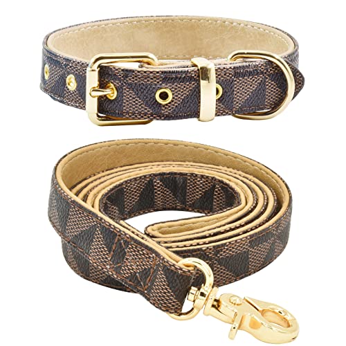 Leather Dog Collar and Leash Set, Check Pattern Dog Collar Leashes Metal Buckle Adjustable Durable for Small Medium Large Dogs (Brown, XL(18-22IN)) - color: Brown, size: XL(18-22IN)
