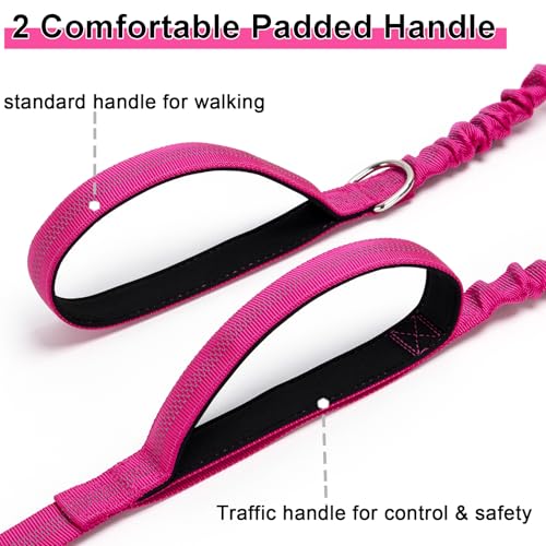 5FT Bungee Dog Leash with 2 Handles, Reflective Strong Nylon Traffic Leash, Shock Absorbing Lead for Large Medium Dogs Walking Training Controlling, Rose red - color: Rose red