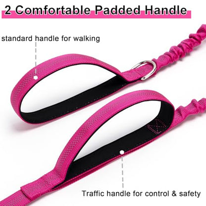 5FT Bungee Dog Leash with 2 Handles, Reflective Strong Nylon Traffic Leash, Shock Absorbing Lead for Large Medium Dogs Walking Training Controlling, Rose red - color: Rose red