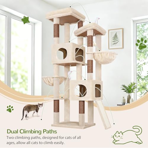 Globlazer 72in Heavy Duty Cat Tree Tower for Large Adult Cats, Multi-Level Cat Condo Stand with 2 Cozy Baskets & 6 Sisal Scratching Posts, S72E, Beige - color: Beige