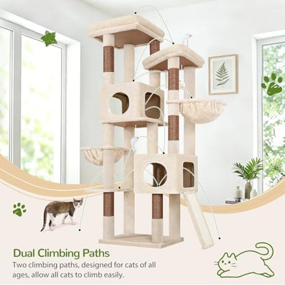 Globlazer 72in Heavy Duty Cat Tree Tower for Large Adult Cats, Multi-Level Cat Condo Stand with 2 Cozy Baskets & 6 Sisal Scratching Posts, S72E, Beige - color: Beige