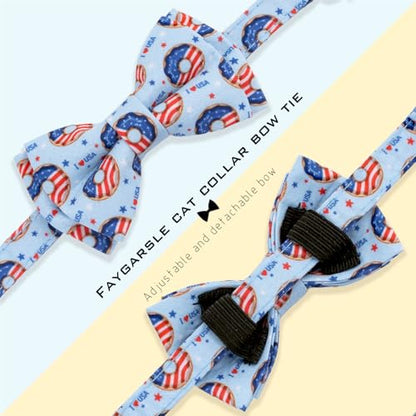 Faygarsle 2 Pack Patriotic Cat Collar Set with Bandana and Bow Tie, USA Flag Donuts Pattern, Light Blue - color: Blue Flag