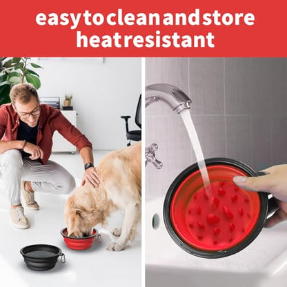 2 Pack [Slow Feeder Design + Regular], Collapsible Dog Bowl Travel Portable Pet Bowls, [34oz,1000ml] Foldable Food Water Feeding Dishes for Traveling Hiking Walking with Carabiners [Blue,Red] - color: Blue+Red