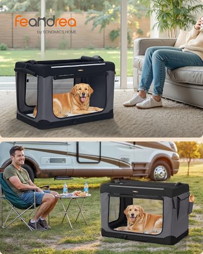 Feandrea Collapsible Dog Crate, 36-Inch Portable Dog Travel Crate for Large Dogs, Oxford Fabric Pet Carrier with 4 Mesh Doors, Handles, Storage Pocket, Water Bottle Holder, Ink Black UPDC019B01 - size: XL（36"L x 25"W x 25"H）
