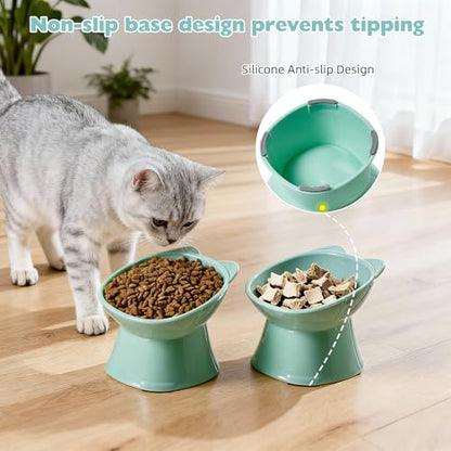 KSIA Klear Elevated Cat Bowls 2 Pack, Tilted Raised Cat Bowl for Food and Water, 4.72" Wide, Whisker Friendly Anti Vomit for Indoor Cats, Microwave and Dishwasher Safe, Green - color: Green