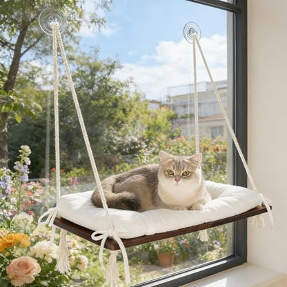 Cat Window Perch for Indoor Cats, Wooden Cat Bed for Window with Washable Cushion, Hanging Kitty Hammock Suitable for Small-to-Large Cats