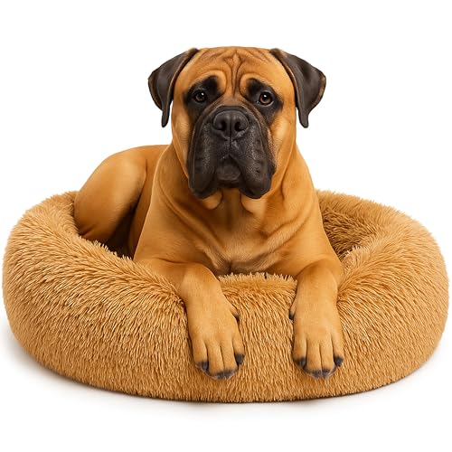 Calming Dog Bed - Fluffy Donut Cuddler for Anxiety Relief, Orthopedic Pet Bed with Non-Slip Bottom, Cozy Round Faux Fur Nest for Dogs and Cats, Plush Crate Mat for Comfort (Camel, X-Large) - color: Camel, size: X-Large
