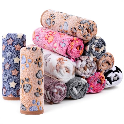 SHENLIU 18 Pcs Fleece Pet Blanket, 9 Style Small Fleece Pet Blanket Soft Warm Sleep Mat Fluffy Cute Puppy Supplies Paw Star Print Design Bed Blankets for Dog Cat Kitten Animals