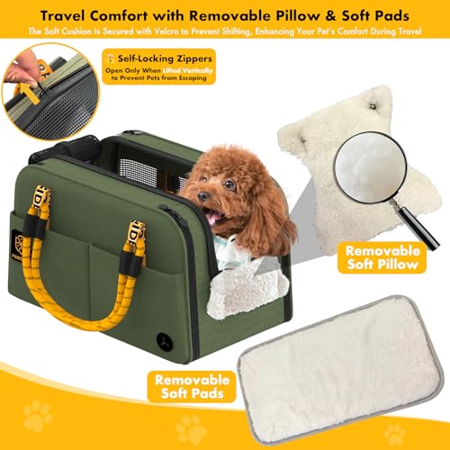 PAWZIDEA Center Console Dog Car Seat, Enclosed Small Dog Armrest Booster Carseat, Secure Straps &Anti Slip, Portable TSA Approved Puppy Pet Carrier Soft-Sided, Removable Pillow Storage Pocket, up 12lb - color: Forest Green