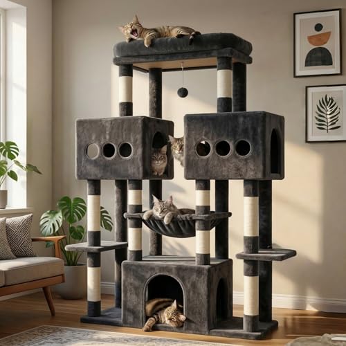Hey-brother Cat Tree Tower, Large Sisal Scratching Posts with Big Platform, 3 Spacious Condos, Plush Hammock, Toy, 57.5 Inches Multi-Level Furniture for Indoor Adults Maine Coon, Smoky Gray MPJ083G - color: Smoky Gray
