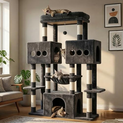 Hey-brother Cat Tree Tower, Large Sisal Scratching Posts with Big Platform, 3 Spacious Condos, Plush Hammock, Toy, 57.5 Inches Multi-Level Furniture for Indoor Adults Maine Coon, Smoky Gray MPJ083G - color: Smoky Gray
