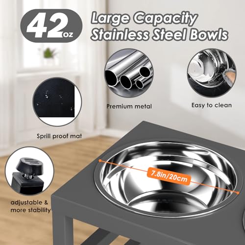 ADENGL Metal Raised Dog Bowl, 10" Height Tall Elevate Dog Feeder Stand with 2 Stainless Steel 42oz Bowls & 16x24 Non-Slip Mat – Stronger Dogs Food & Water Bowl Stand (Grey) - color: Grey - L Black Dog Mat, size: Height-10inch
