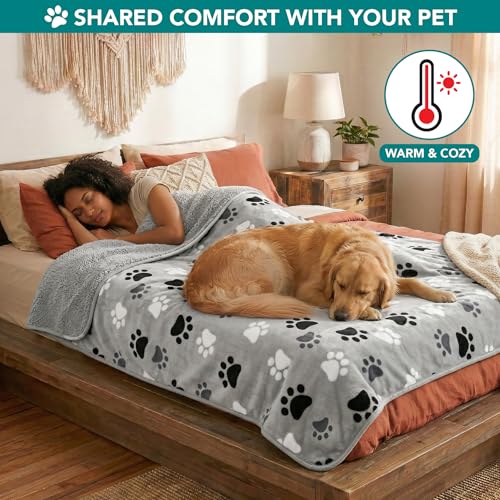 PETAMI Sherpa Fleece Waterproof CAT and Dog Blanket, PAW Gray, Queen - color: Paw Gray, size: Queen (90x90)