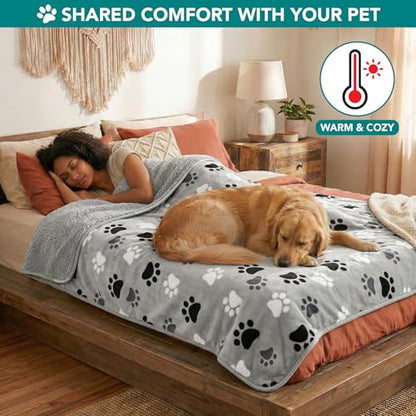 PETAMI Sherpa Fleece Waterproof CAT and Dog Blanket, PAW Gray, Queen - color: Paw Gray, size: Queen (90x90)