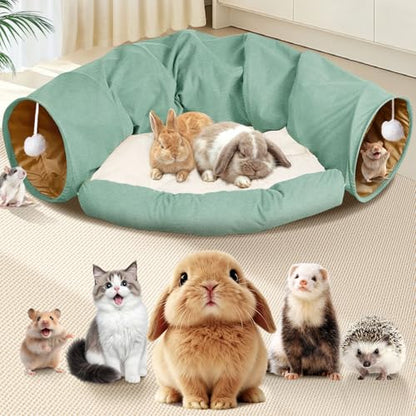 Spardar Bunny Tunnel Bed, 2-in-1 Collapsible Tunnel Tubes Toys, Washable, with Removable Mat Hideout, Interactive Toys for Rabbits Chinchilla Hedgehog Guinea Pigs Kitty, Matcha Green - color: Matcha Green