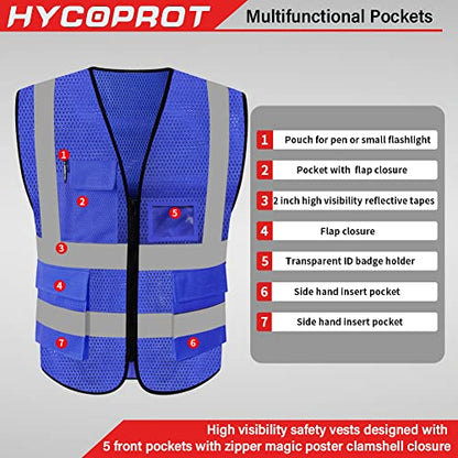 HYCOPROT High Visibility Mesh Safety Reflective Vest with Pockets and Zipper, Meets ANSI/ISEA Standards - color: Blue, size: 3X-Large