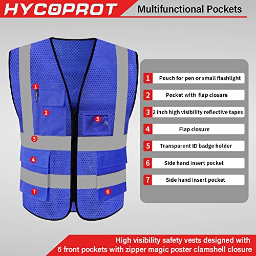 HYCOPROT High Visibility Mesh Safety Reflective Vest with Pockets and Zipper, Meets ANSI/ISEA Standards - color: Blue, size: Small