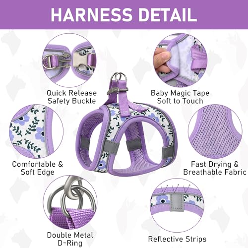 Small Dog Harness Collar and Leash Set, Step in No Chock No Pull Soft Mesh Adjustable Dog Vest Harnesses Plaid Reflective for Dogs Puppy Cats Kitten Rabbit (Purple Flower, XS) - color: Purple Flower, size: XS