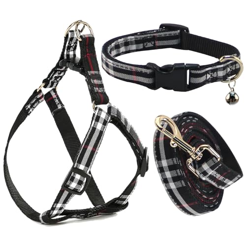 Cute Plaid Dog Collar Harness and Leash with Safety Buckle - Adjustable and No Pull Comfortable Dog Collars for Small Puppy, Stylish Durable Gift for Boy Girl Pets - color: black-03, size: M