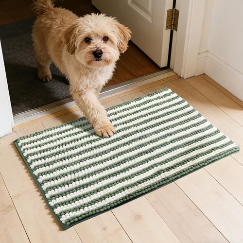 Dog Door Mat for Muddy Paws - Absorbent Quick-Dry Non-Slip Washable Chenille Pet Rug, Indoor Entryway Mat for Front Door & Crate (Green, 30" L*18" W) - color: Green, size: 30"L*18"W