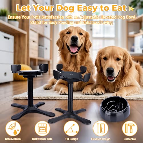Elevated Slow Feeder Dog Bowl Adjustable Stand,Tilted ABS Base,Fits 5.5-9.5" Bowls, Anti-Spill & Non-Slip, Heavy Duty for Med/Large Dogs(with Round Bowls) - size: C -Slow Feeder Dog Bowls
