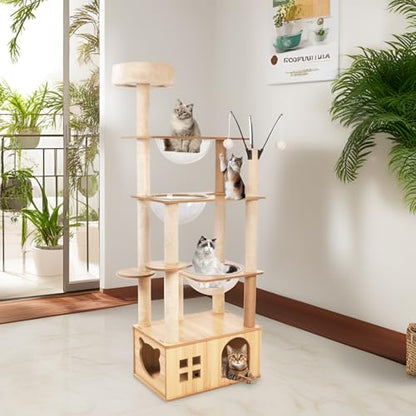 66.8'' Wooden cat Tree with cat Condo, Cat Stairs Scratching Posts, 3 Bowl,Toys,Sisal Scratching Posts and Top Perch.Cat Tree for Large Cats.