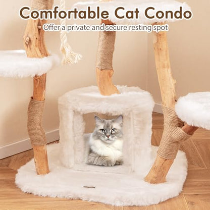 Tangkula Solid Wood Cat Tree, Modern Wooden Cat Tower with Jute Scratching Posts, Perch, Condo, Sisal Rope, Dangling Ball, Soft Long Plush, 66 Inch Tall Cat Tree Tower for Indoor Cats Large Adult - style: Round Condo