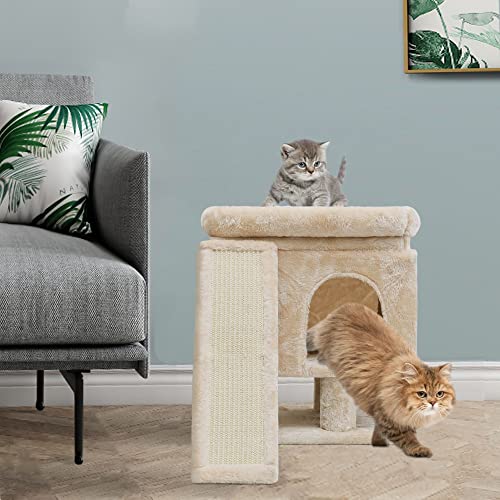 SYANDLVY Small Cat Tree for Indoor Large Cats, Kittens Condo with Scratching Post and Board, Modern Activity Tower with Cave (Beige) - color: Beige