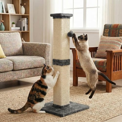 32" Tall Cat Scratching Post, Cat Scratcher with Heavy Duty Thick Wood Base, Cat Tower with Natural Sisal Rope and Hanging Ball, Plant-Like Design Scratching Post, for Small and Adult Kittens, Grey - color: Dark Grey