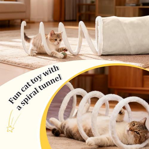 Ownpets 2-in-1 Cat Tunnel, Large Lollipop Shape Cat Tunnel Toy with Fluffy Balls, Spiral Toy, Plush Collapsible Cat Cave Hideout Donut Tunnel for Multi Kitten Puppy Rabbit (Beige) - color: Beige