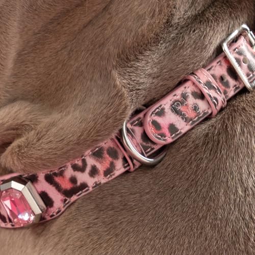 Luxury K9 Crystal Dog Collar -Waterproof Wear-Resistant Microfiber Leather with Hand-Set Rhinestone Gems, Durable Metal Buckle, Adjustable Bling Collar for Small Medium Large Dogs (Pink Leopard, M) - color: Pink Leopard, size: M(FIT,NECK:12.2"-15")