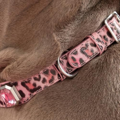 Luxury K9 Crystal Dog Collar -Waterproof Wear-Resistant Microfiber Leather with Hand-Set Rhinestone Gems, Durable Metal Buckle, Adjustable Bling Collar for Small Medium Large Dogs (Pink Leopard, M) - color: Pink Leopard, size: M(FIT,NECK:12.2"-15")