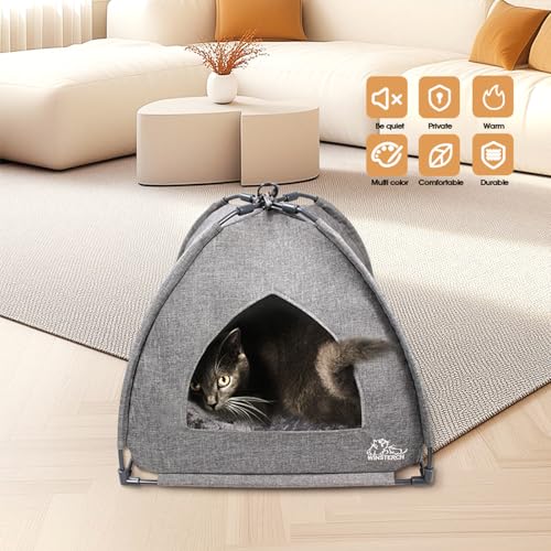 Winsterch Cat Bed Cave for Indoor Cats, Small Pet Tent Cave for Cats, Kittens, and Small Dogs, Warming Cat House with Removable Washable Cushion (18.5'‘ x 18.5’' x 15.8'', Grey) - color: Grey