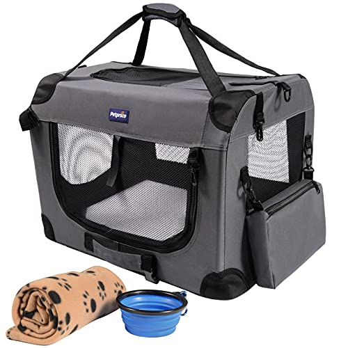 Petprsco Portable Collapsible Dog Crate, Travel Dog Crate 24x17x17 with Soft Warm Blanket and Foldable Bowl for Large Cats & Small Dogs Indoor and Outdoor - color: Gray, size: 24x17x17 Inch