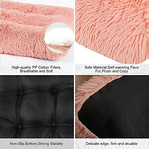 Long Plush Calming Pet Bed Cuddler Pet Bed for Dogs and Cats Fluffy Faux Fur Dog Bed with Anti Slip Bottom Machine Washable Pet Sleep Bed Crate Mat Light Pink M - color: Light Pink, size: M(25"x19"x4")