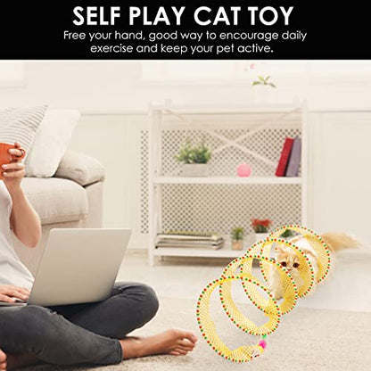 Spiral Tunnel Cat Toy, 25.59 Inches Unfolded with Cat Wand Self Play Collapsible, Hunting Spiral Tunnel with Feather Mouse Toys and Bell for Indoor Kitten Play Chase Exercise (Yellow) - color: Yellow+Pink