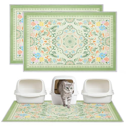 Washable Cat Litter Mat 48"x36" 2Pack with Non-Slip Bottom Waterproof Litter Box Mat Easy to Clean Litter Trapping Mat for Kitty - color: Bean Green Flower, size: 48"x36"-2 Pack