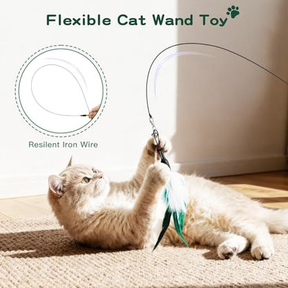 Pawaboo Feather Teaser Cat Toy, Interactive Feather Wand Cat Toy Flying Feather Cat Catcher with Extra Long 34.5" Wand and Small Bell, Fun Exerciser Playing Toy for Kitten or cat, White & Green - color: White & Green